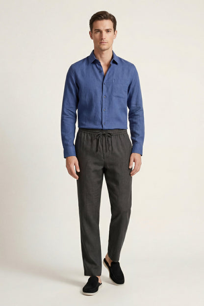 Pisa de Luna Bellucci, conjunto de lino de manga larga para hombre en azul/negro