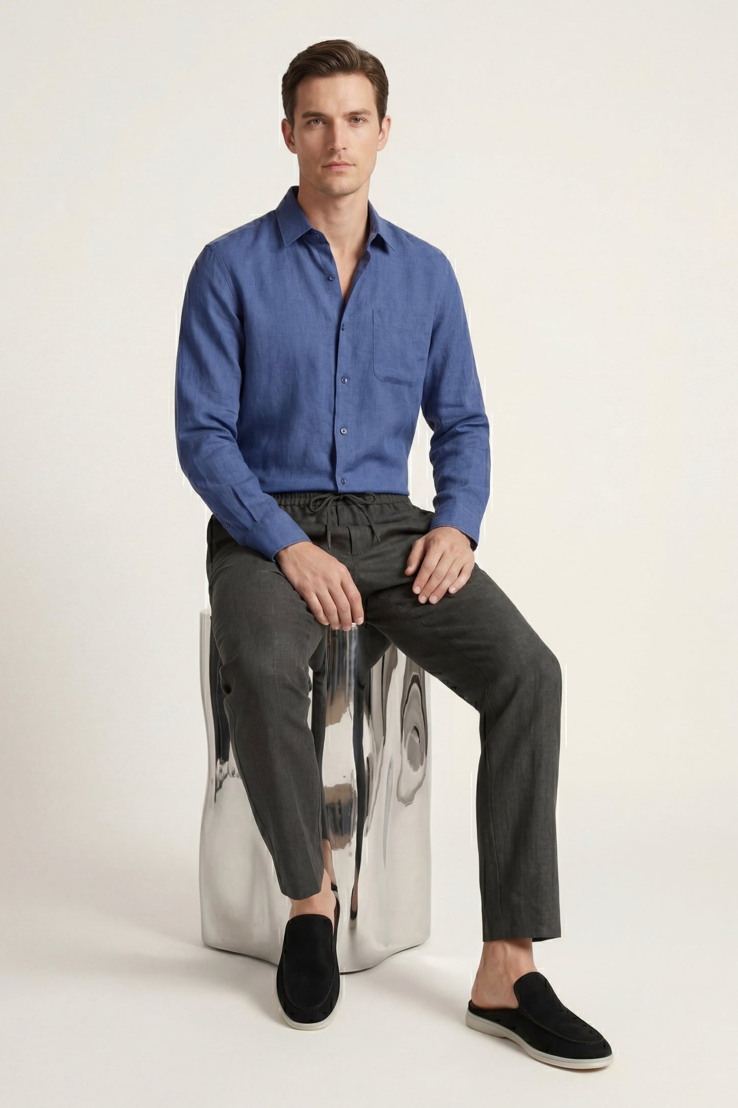 Pisa de Luna Bellucci, conjunto de lino de manga larga para hombre en azul/negro