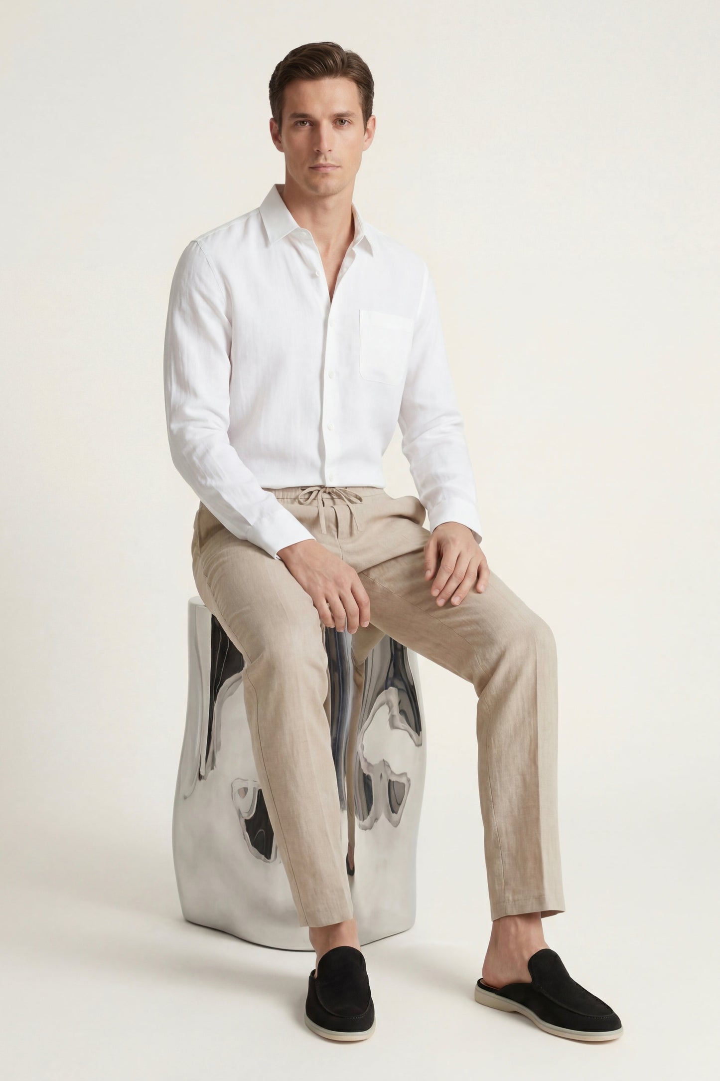 Pisa de Luna Bellucci, conjunto de lino de manga larga para hombre en blanco/beige