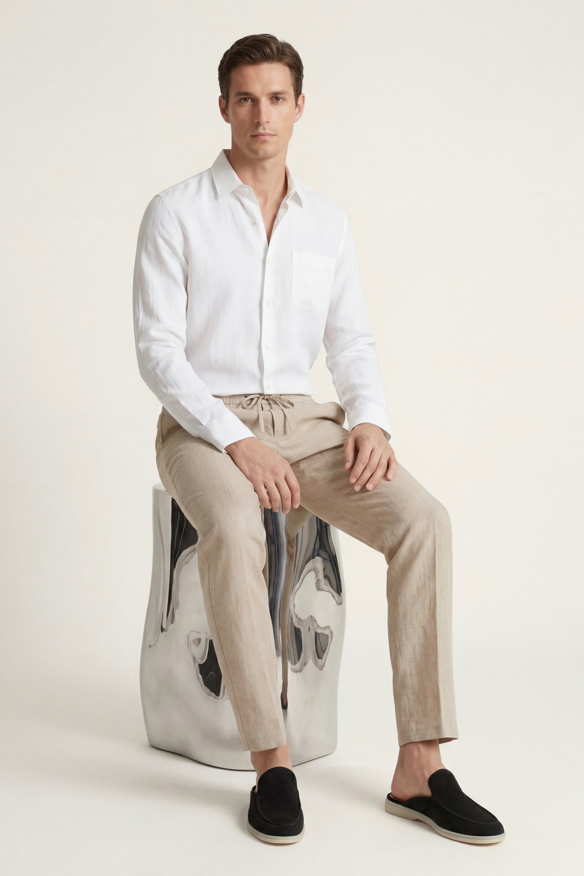 Pisa de Luna Bellucci, conjunto de lino de manga larga para hombre en blanco/beige