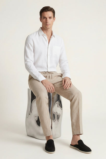Pisa de Luna Bellucci, conjunto de lino de manga larga para hombre en blanco/beige