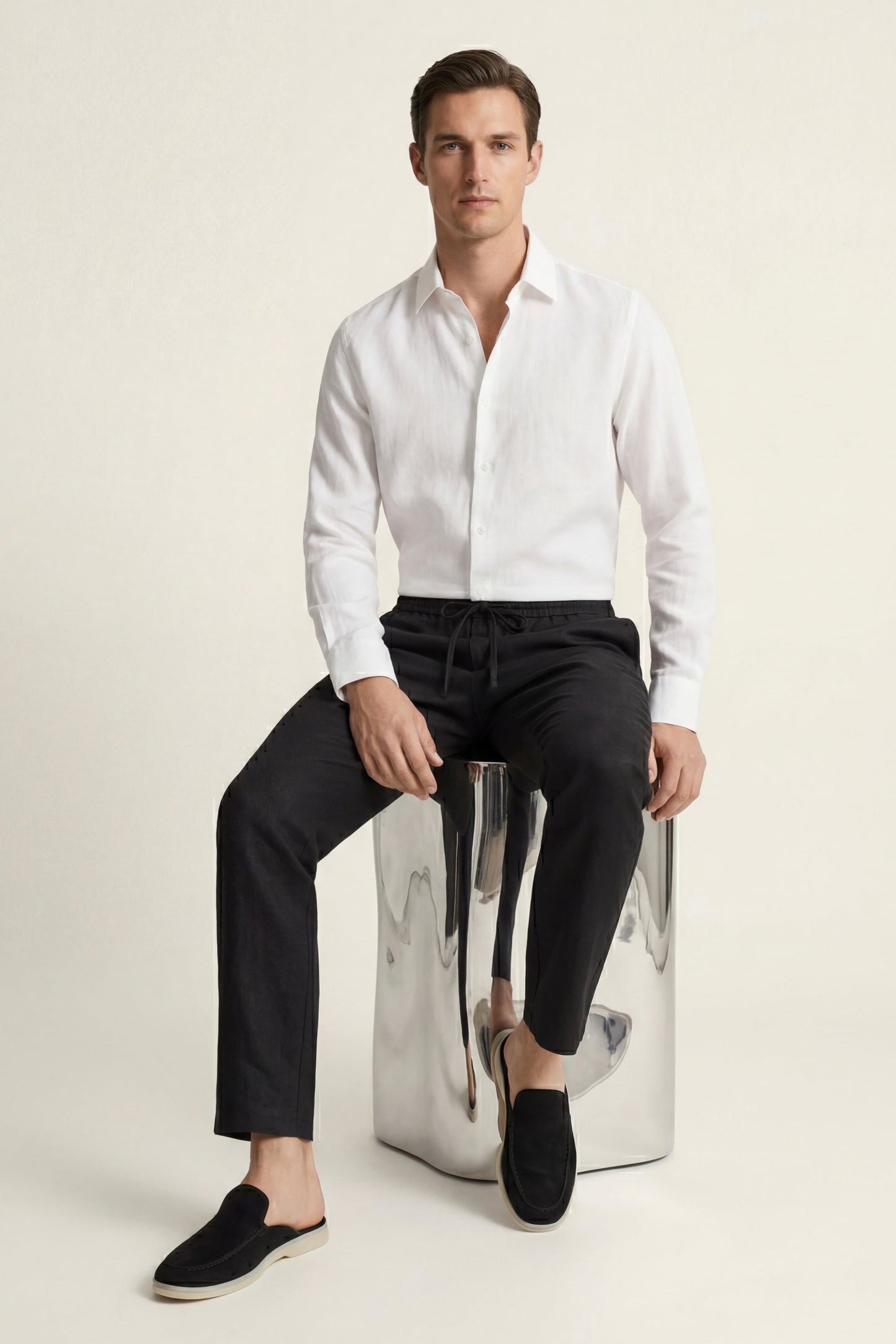 Pisa de Luna Bellucci, conjunto de lino de manga larga para hombre en blanco/negro