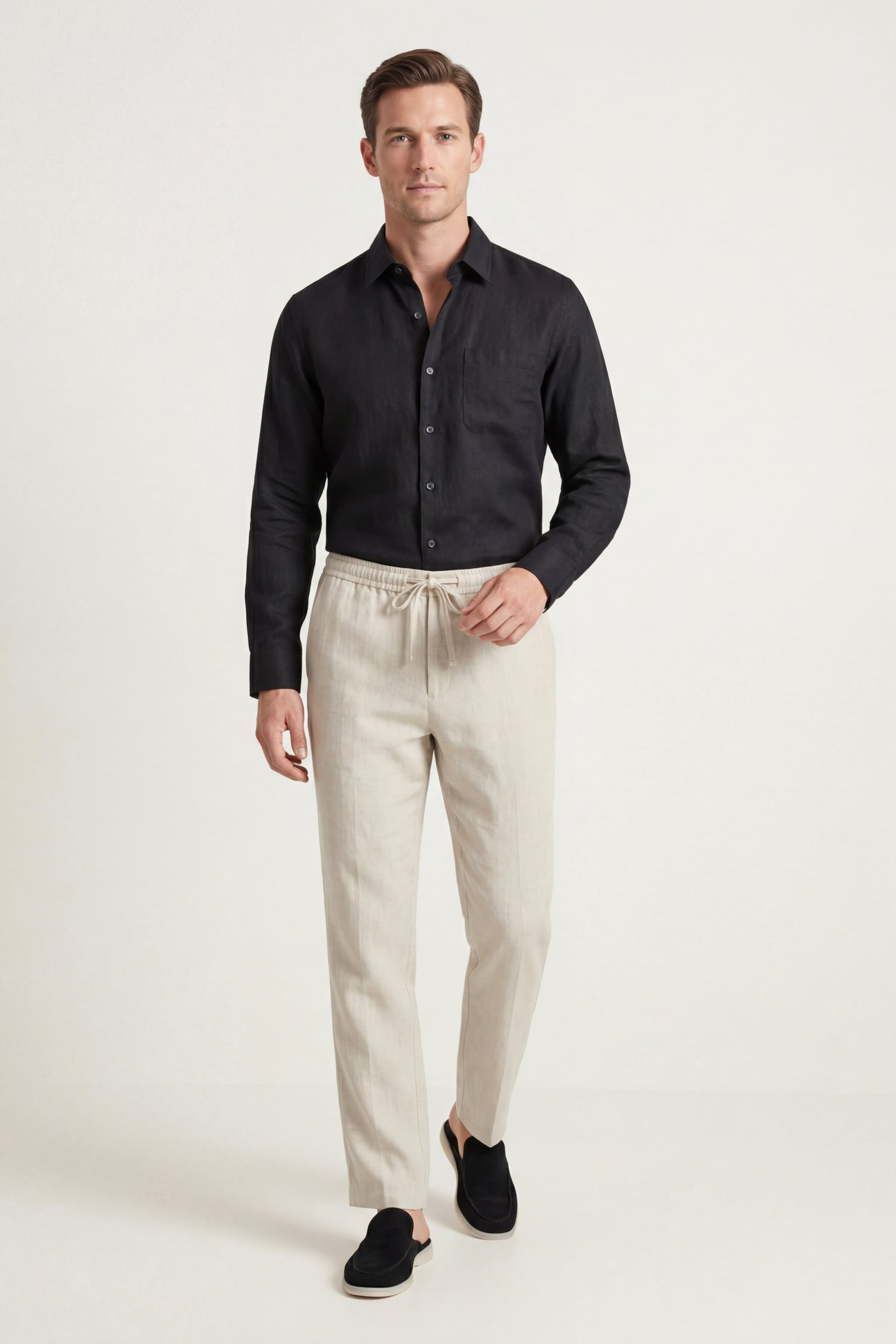 Pisa de Luna Bellucci, conjunto de lino de manga larga para hombre en negro/beige