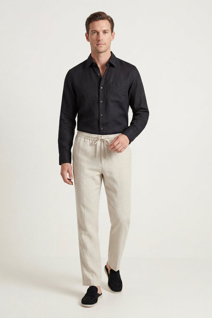 Pisa de Luna Bellucci, conjunto de lino de manga larga para hombre en negro/beige