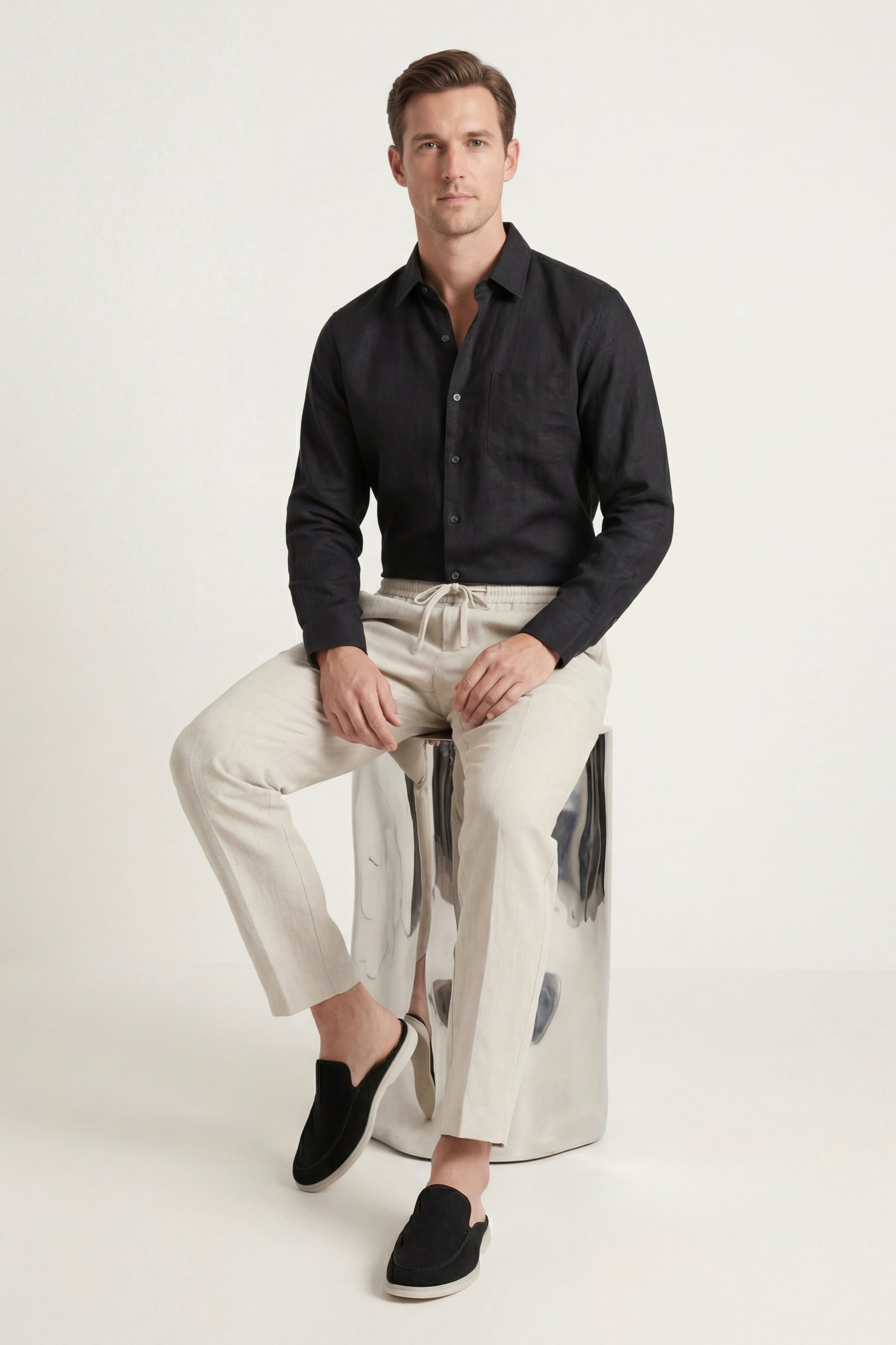 Pisa de Luna Bellucci, conjunto de lino de manga larga para hombre en negro/beige