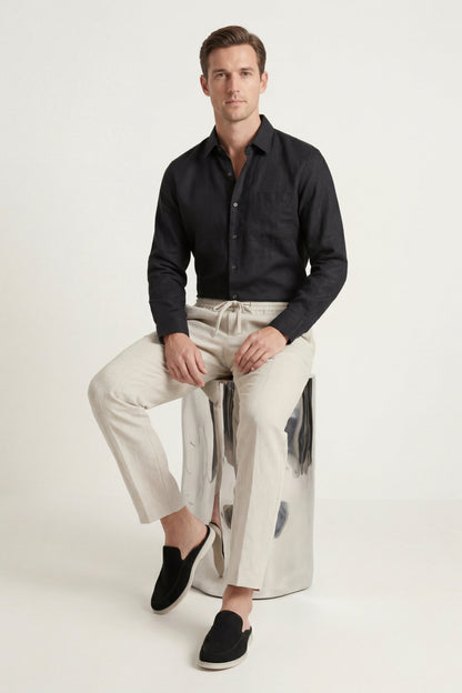Pisa de Luna Bellucci, conjunto de lino de manga larga para hombre en negro/beige