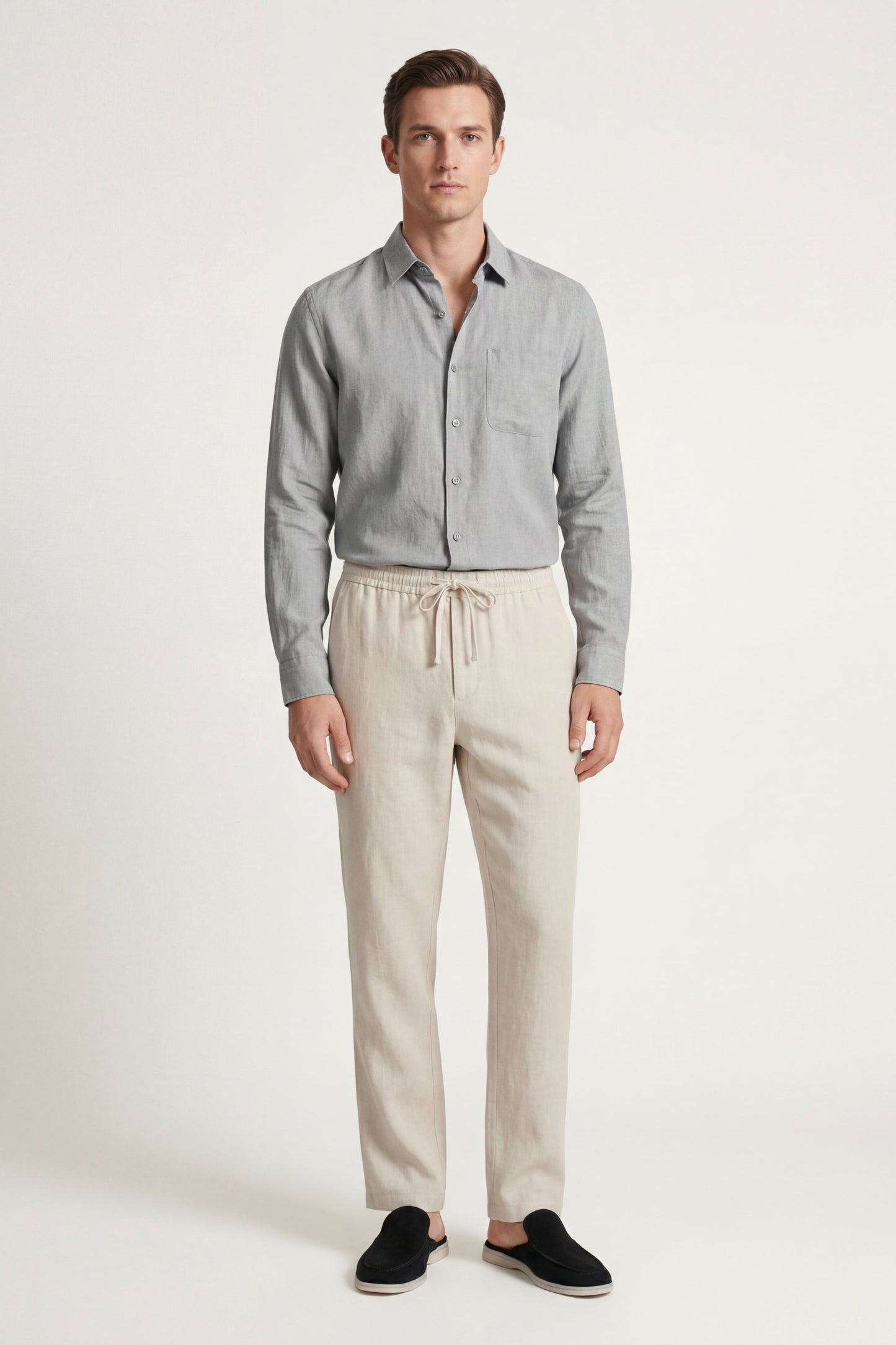 Pisa de Luna Bellucci, conjunto de lino de manga larga para hombre en gris/beige