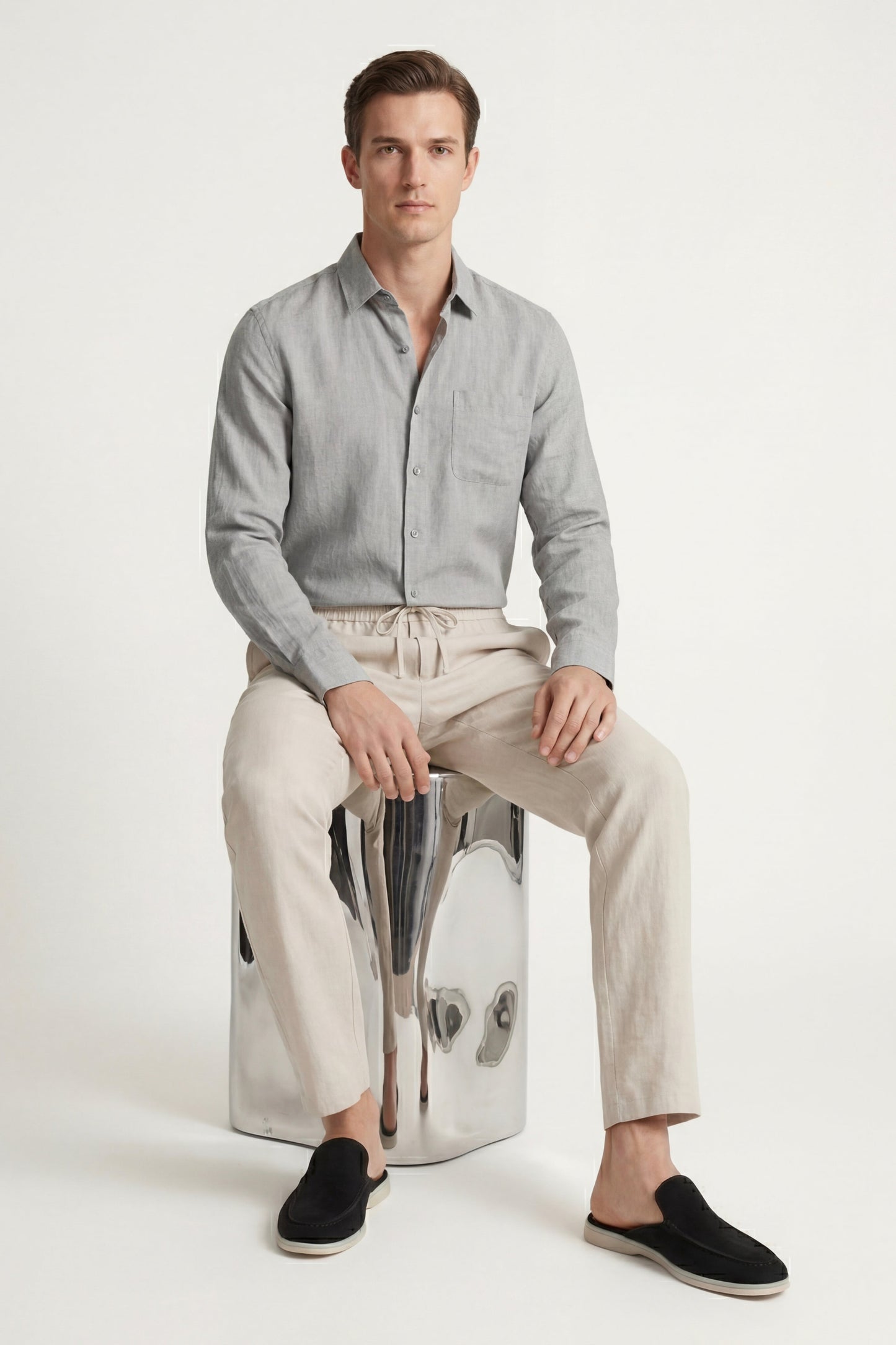 Pisa de Luna Bellucci, conjunto de lino de manga larga para hombre en gris/beige