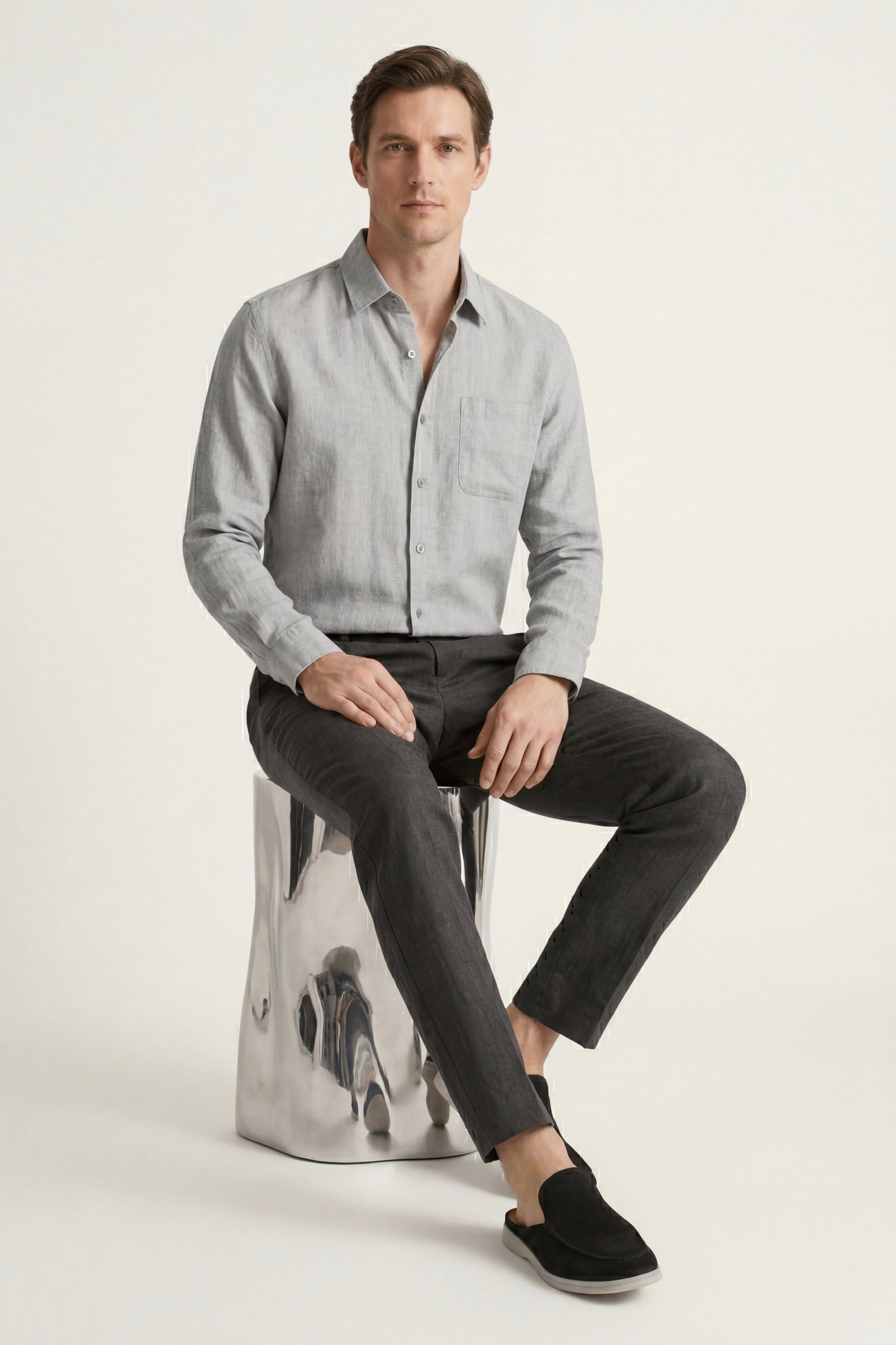 Pisa de Luna Bellucci, conjunto de lino de manga larga para hombre en gris/negro