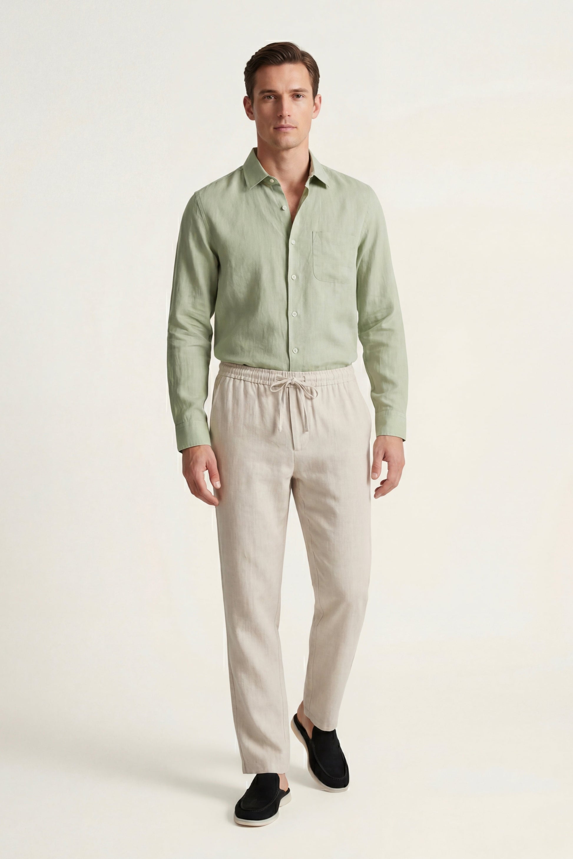 Pisa de Luna Bellucci, conjunto de lino de manga larga para hombre en verde menta/beige