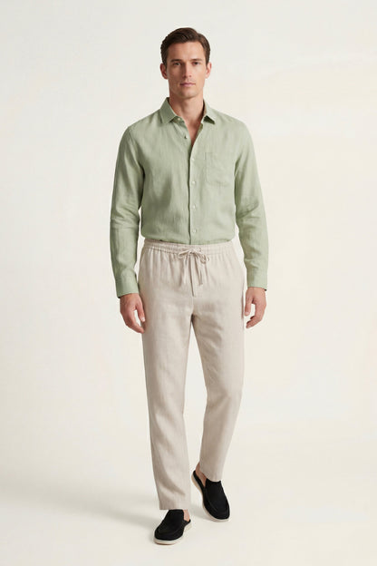 Pisa de Luna Bellucci, conjunto de lino de manga larga para hombre en verde menta/beige