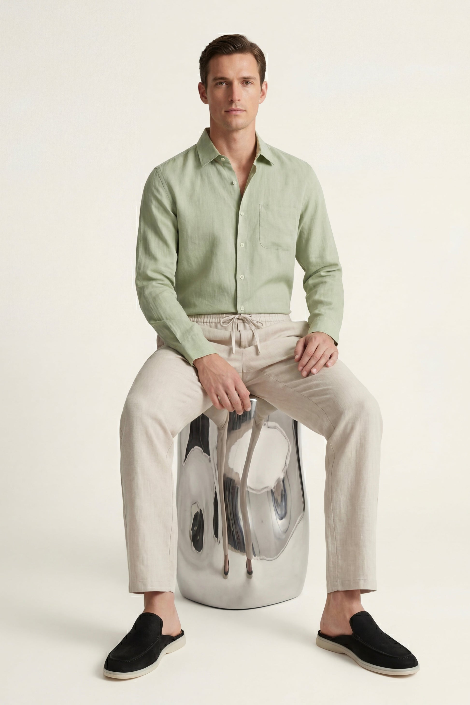 Pisa de Luna Bellucci, conjunto de lino de manga larga para hombre en verde menta/beige