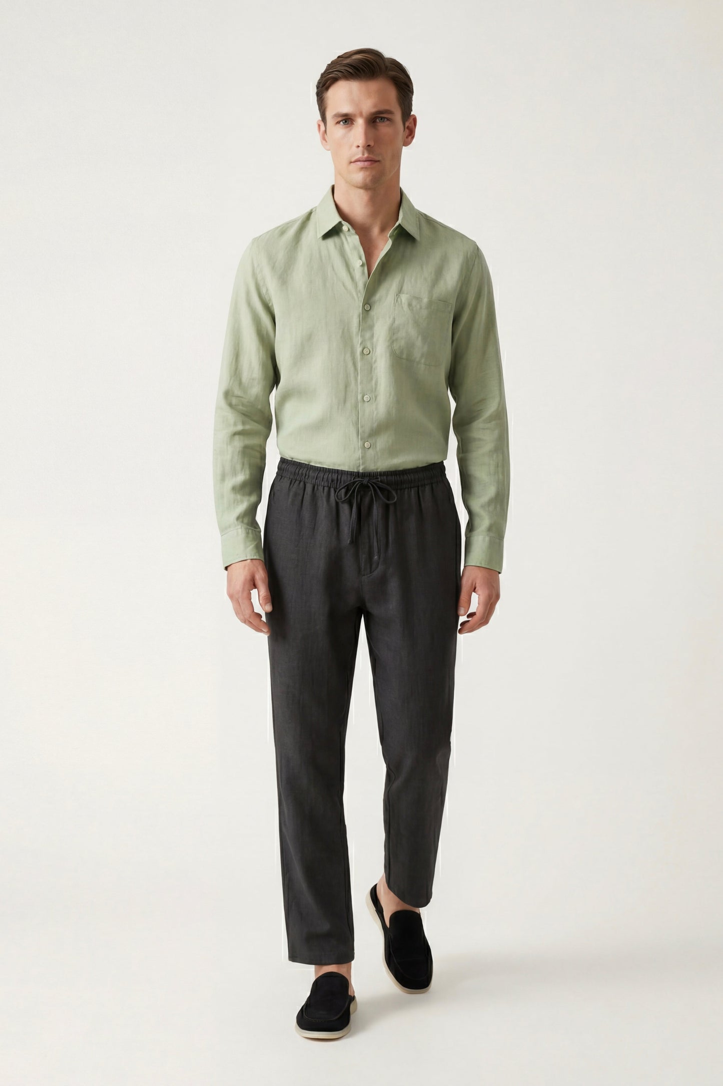Pisa de Luna Bellucci, conjunto de lino de manga larga para hombre en verde menta/negro