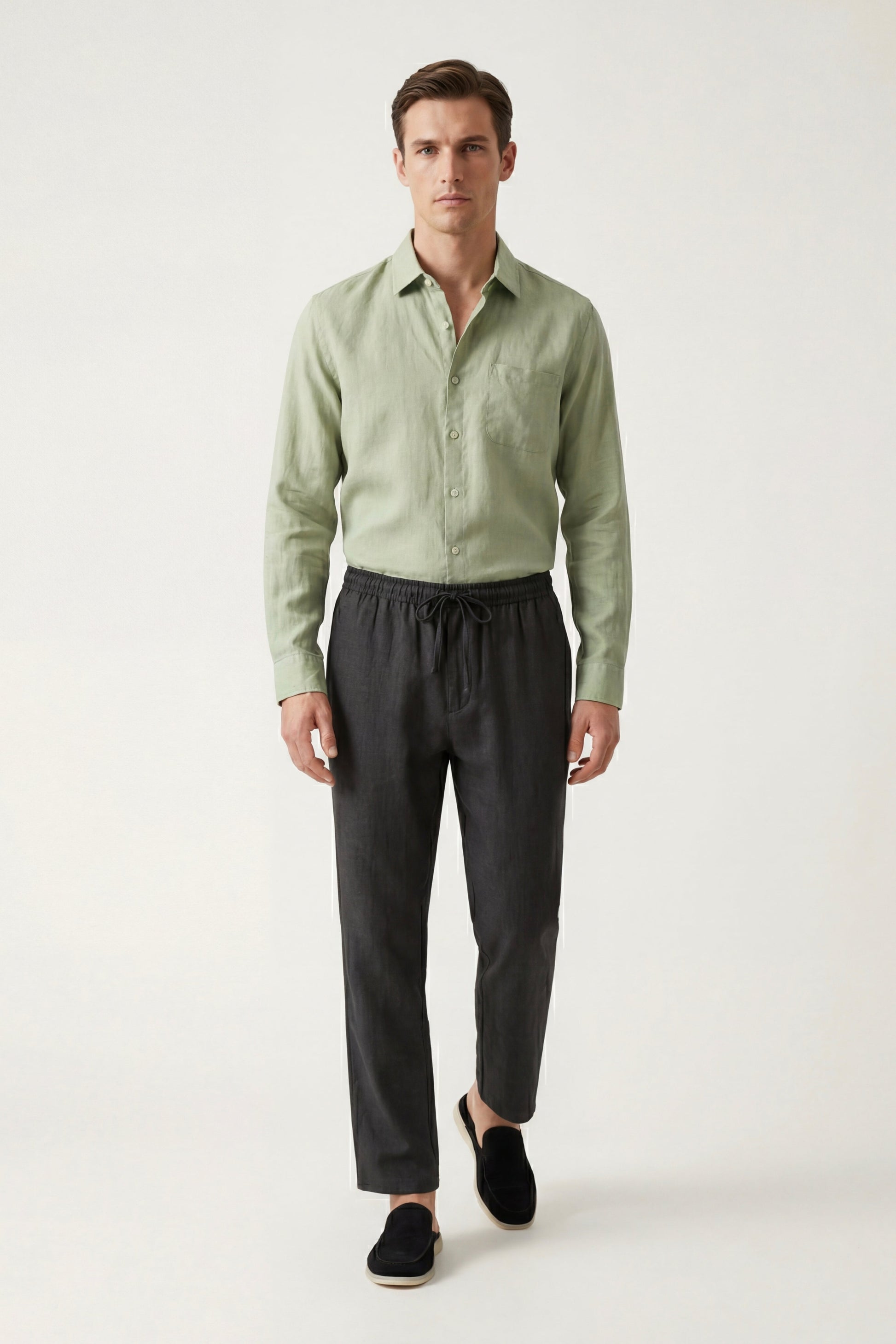 Pisa de Luna Bellucci, conjunto de lino de manga larga para hombre en verde menta/negro