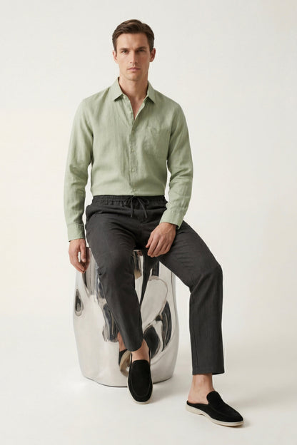Pisa de Luna Bellucci, conjunto de lino de manga larga para hombre en verde menta/negro