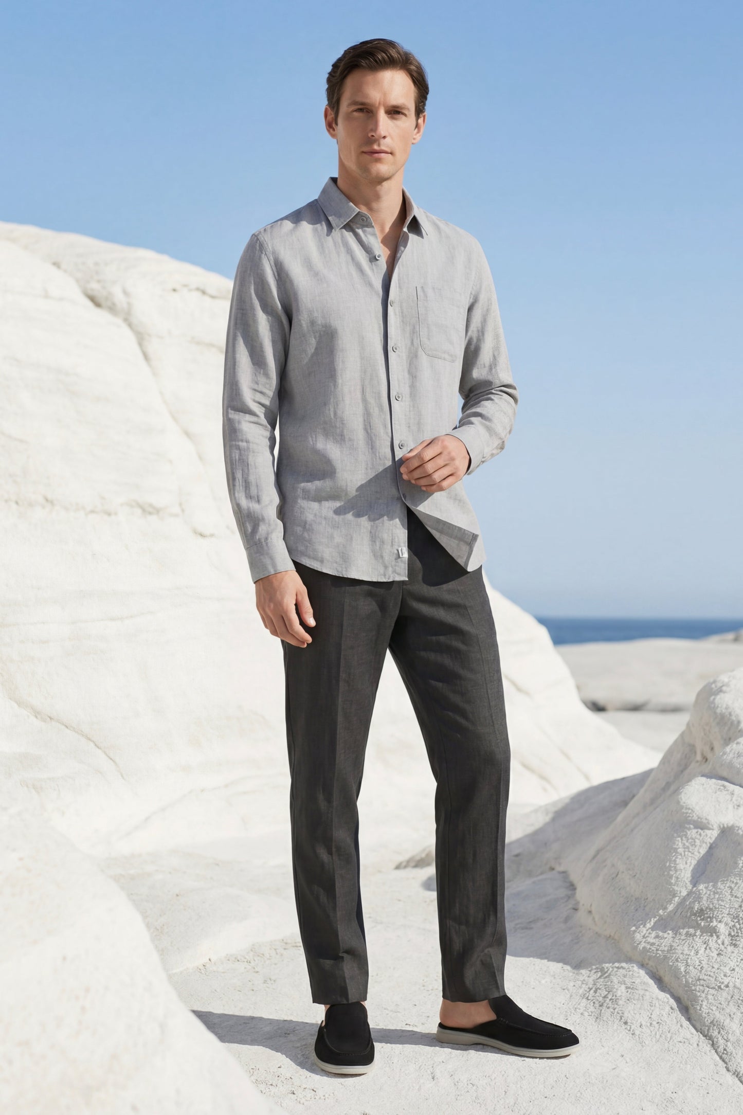 Pisa de Luna Bellucci, conjunto de lino de manga larga para hombre en gris/negro