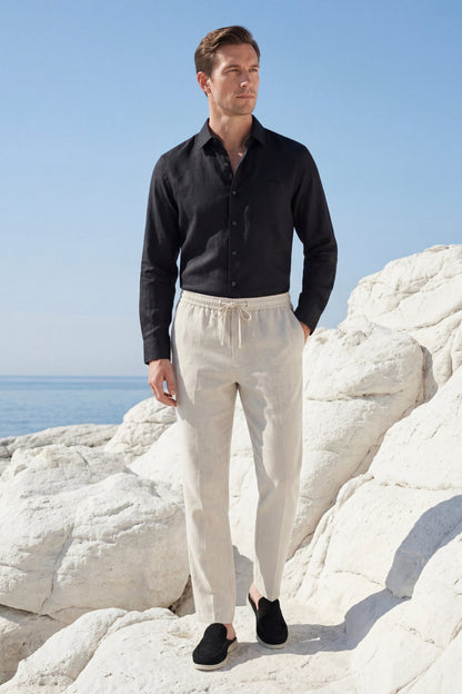 Pisa de Luna Bellucci, conjunto de lino de manga larga para hombre en negro/beige