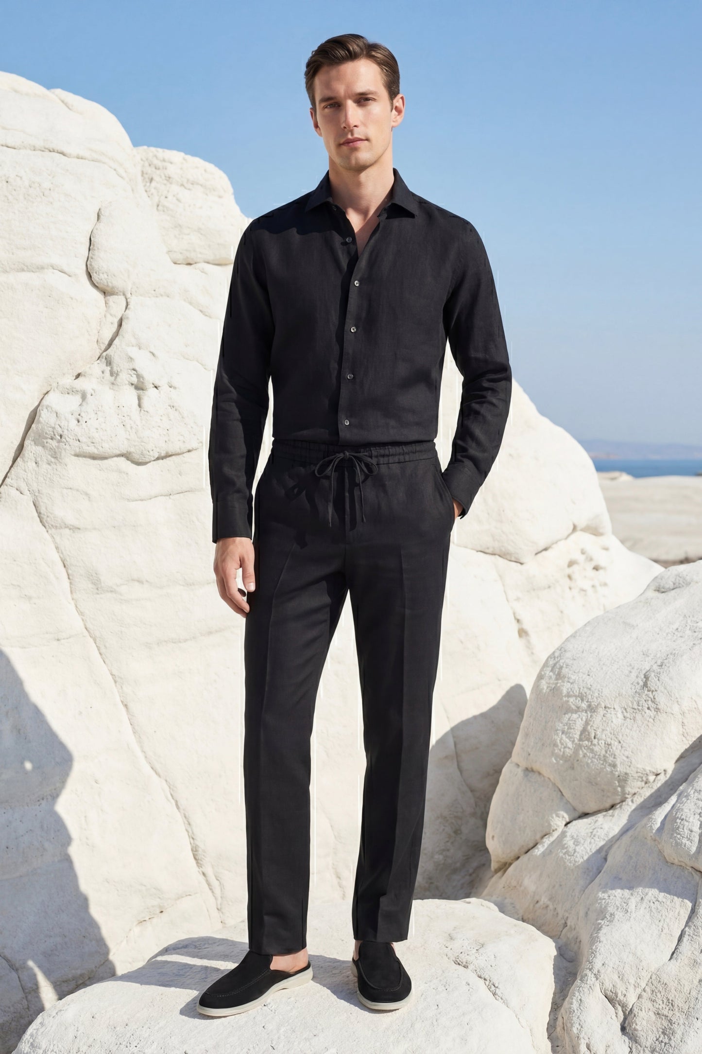 Pisa de Luna Bellucci, conjunto de lino de manga larga para hombre en negro/negro