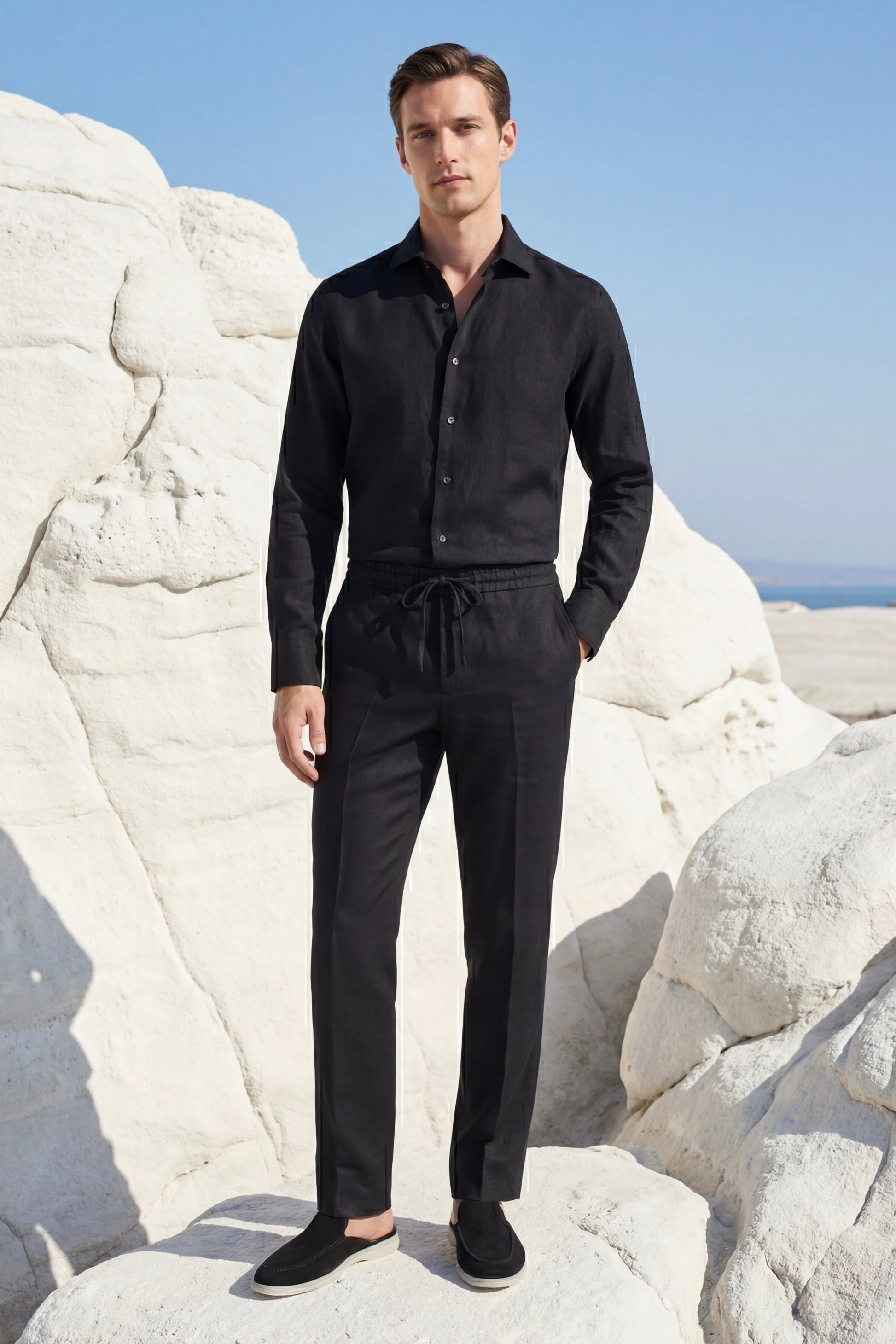 Pisa de Luna Bellucci, conjunto de lino de manga larga para hombre en negro/negro