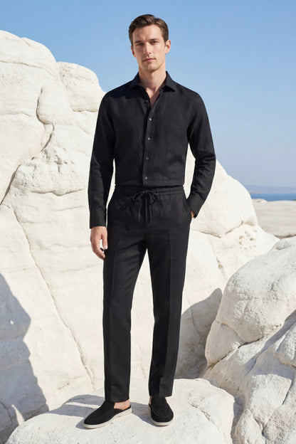 Pisa de Luna Bellucci, conjunto de lino de manga larga para hombre en negro/negro