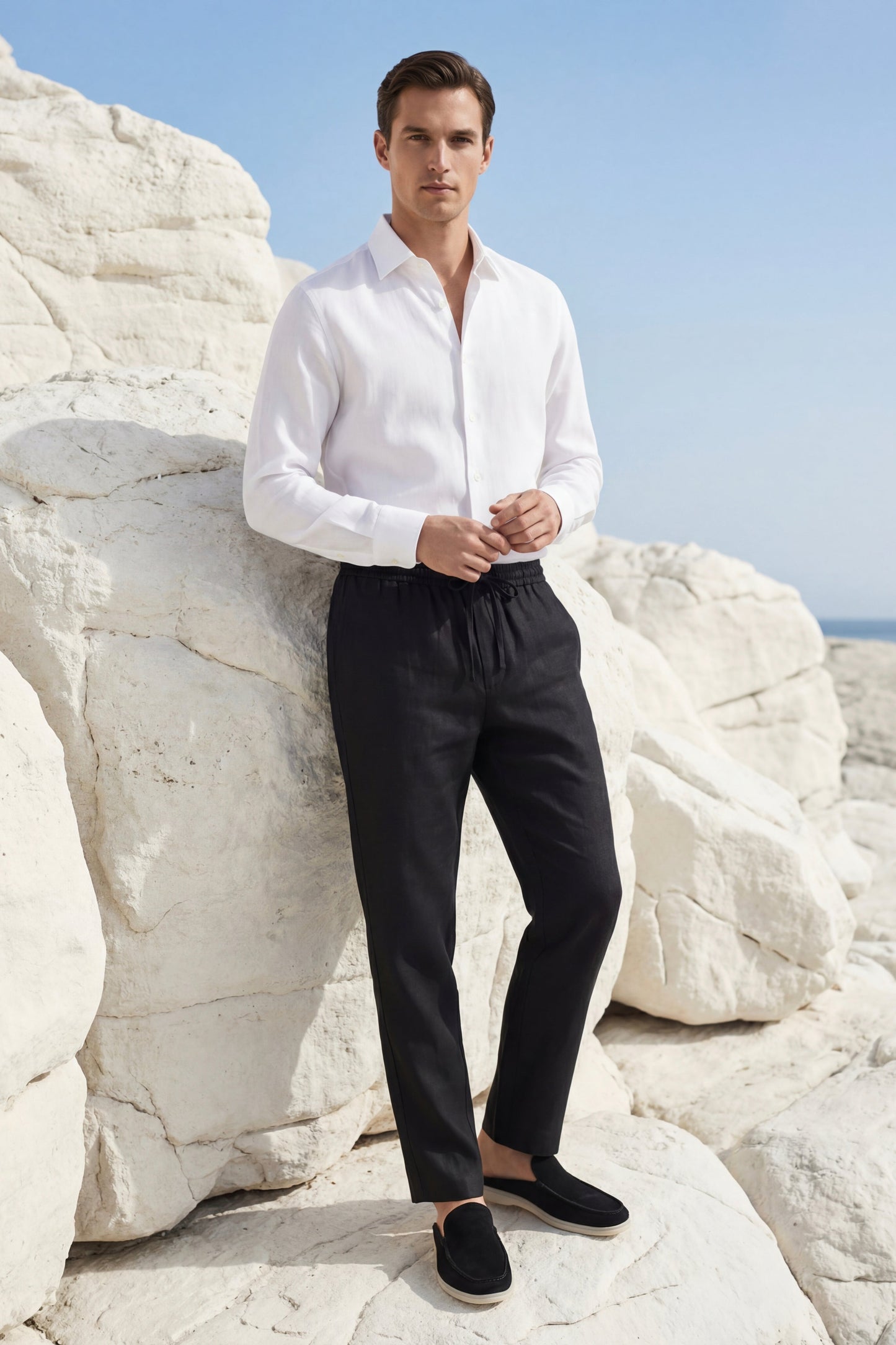Pisa de Luna Bellucci, conjunto de lino de manga larga para hombre en blanco/negro