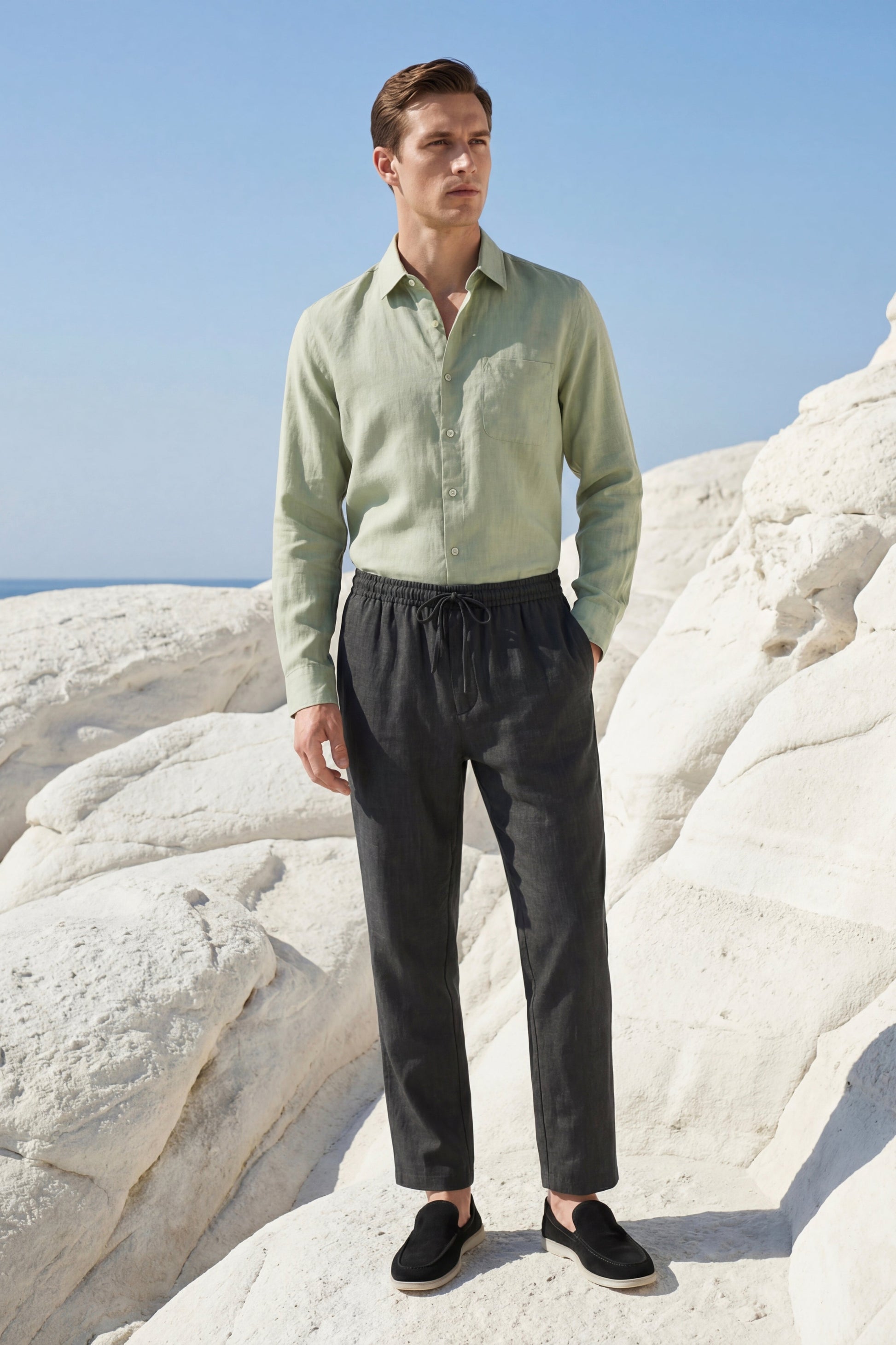 Pisa de Luna Bellucci, conjunto de lino de manga larga para hombre en verde menta/negro
