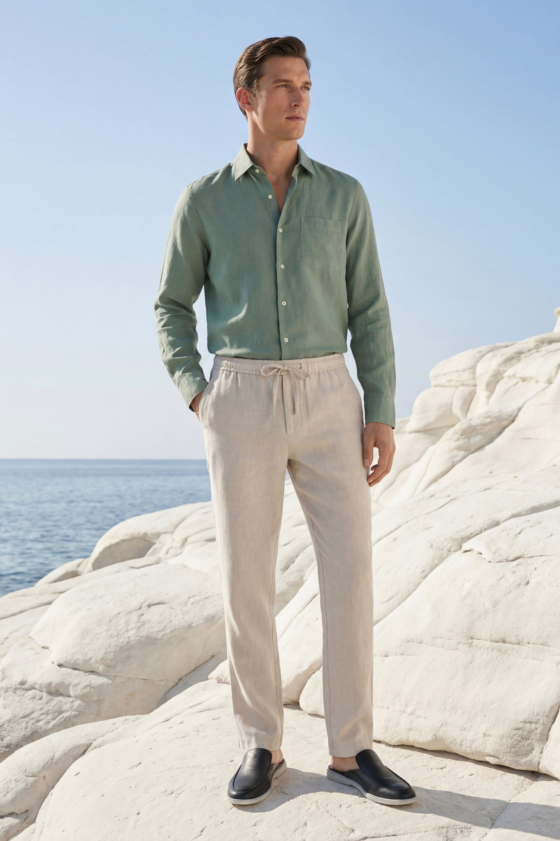 Pisa de Luna Bellucci, conjunto de lino de manga larga para hombre en verde/beige