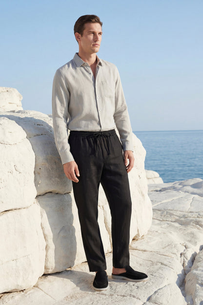 Pisa de Luna Bellucci, conjunto de lino de manga larga para hombre en beige/negro