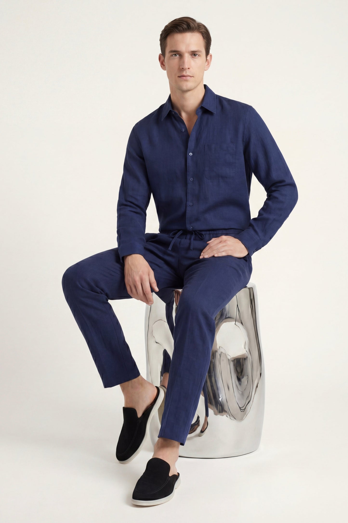 Bellagio de Luna Bellucci, conjunto de lino de manga larga para hombre en azul marino