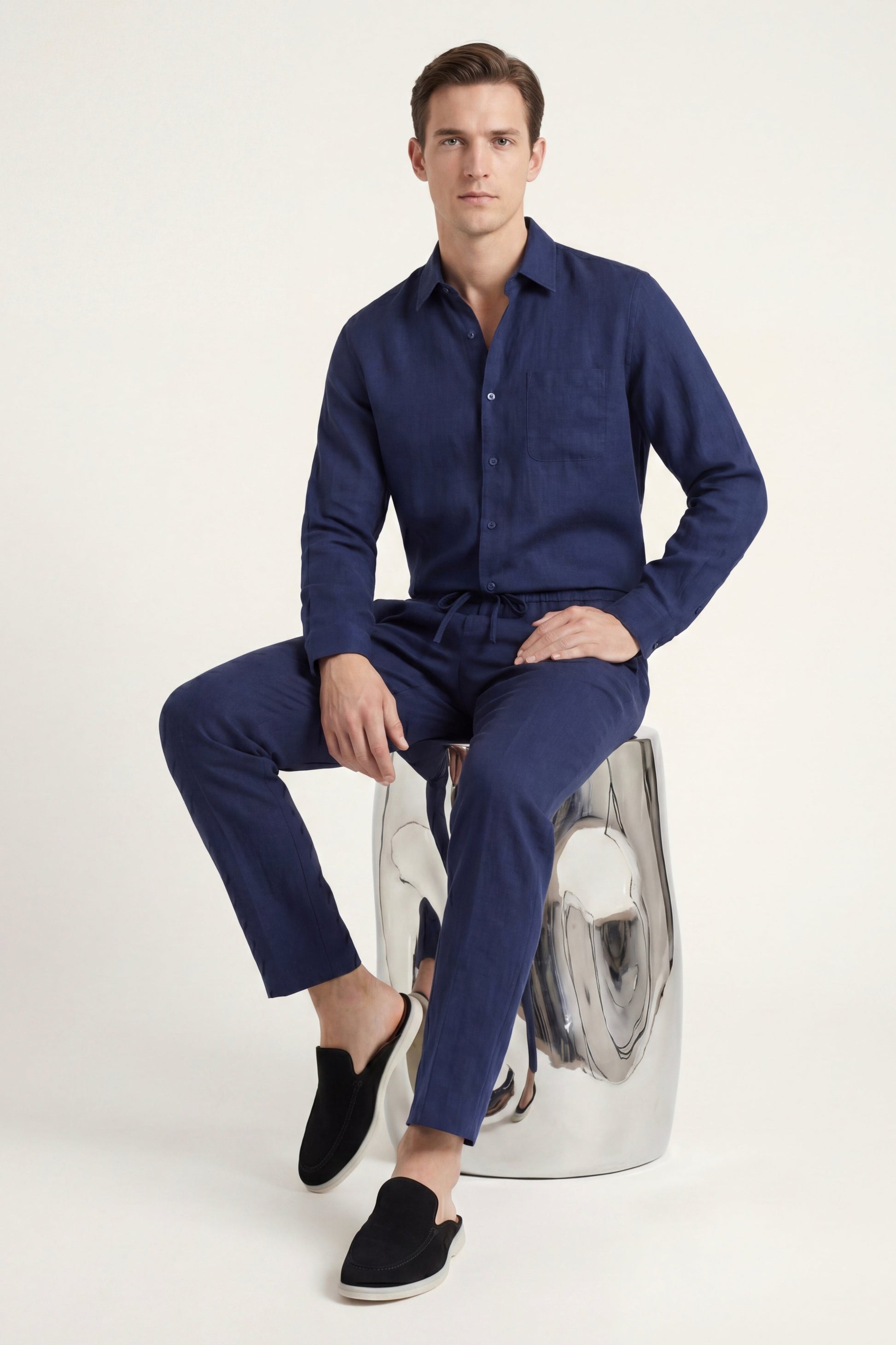 Bellagio de Luna Bellucci, conjunto de lino de manga larga para hombre en azul marino