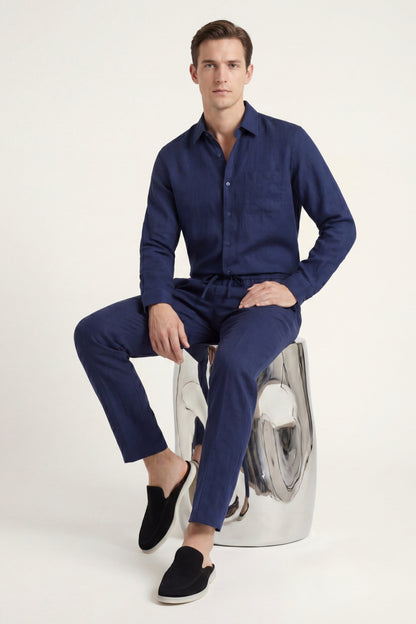 Bellagio de Luna Bellucci, conjunto de lino de manga larga para hombre en azul marino