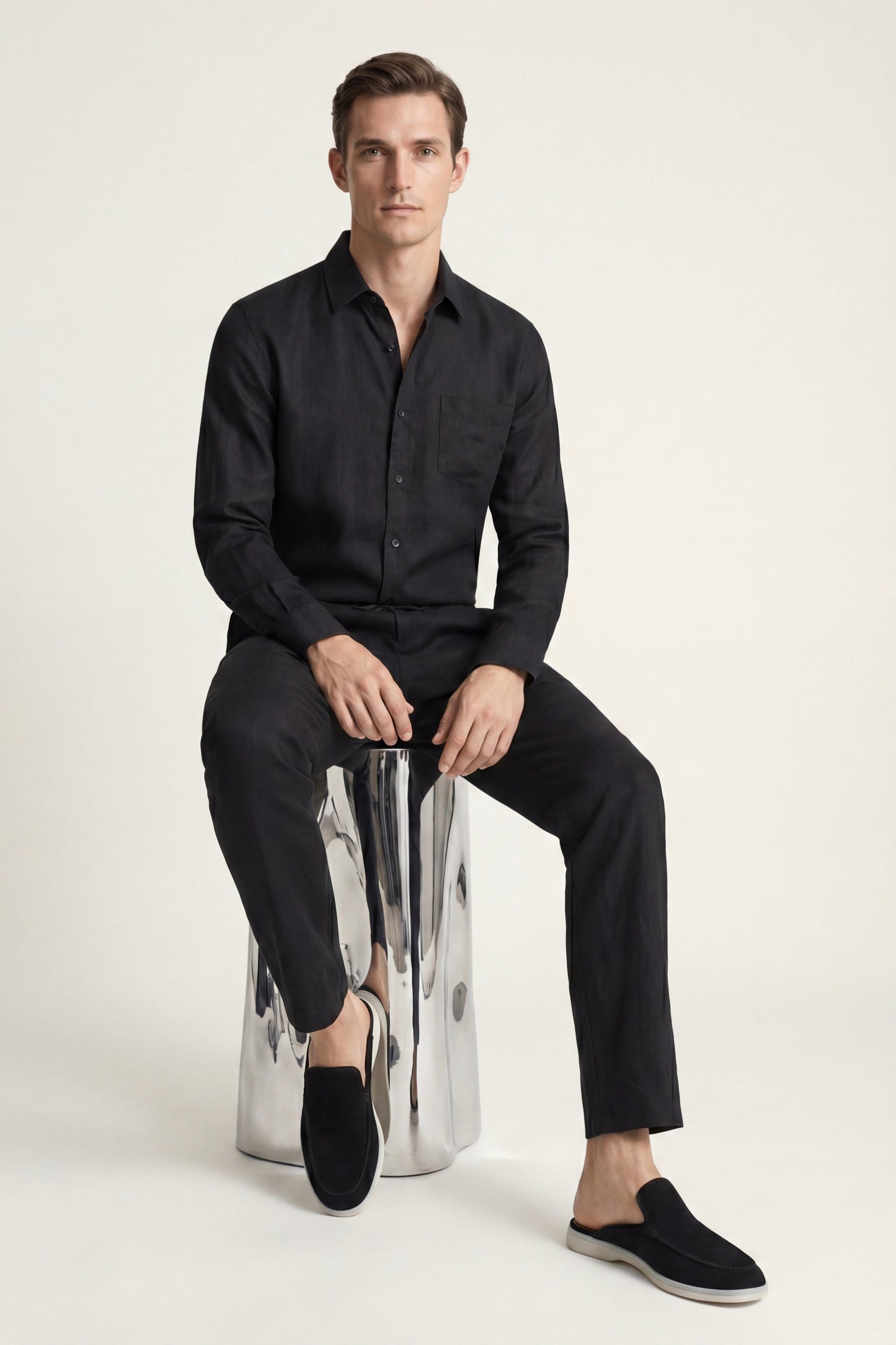 Bellagio de Luna Bellucci, conjunto de lino de manga larga para hombre en negro