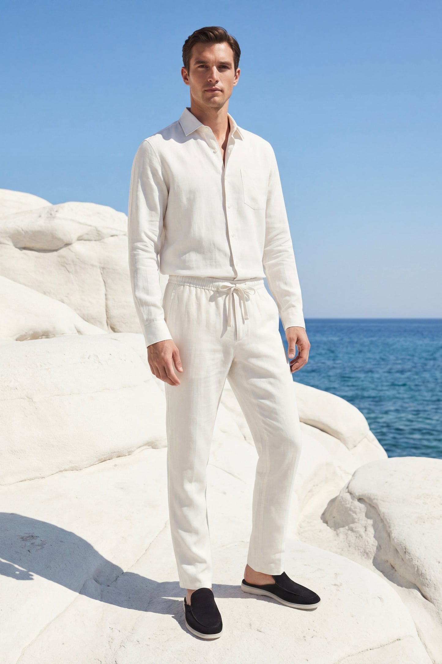 Bellagio de Luna Bellucci, conjunto de lino de manga larga para hombre en blanco