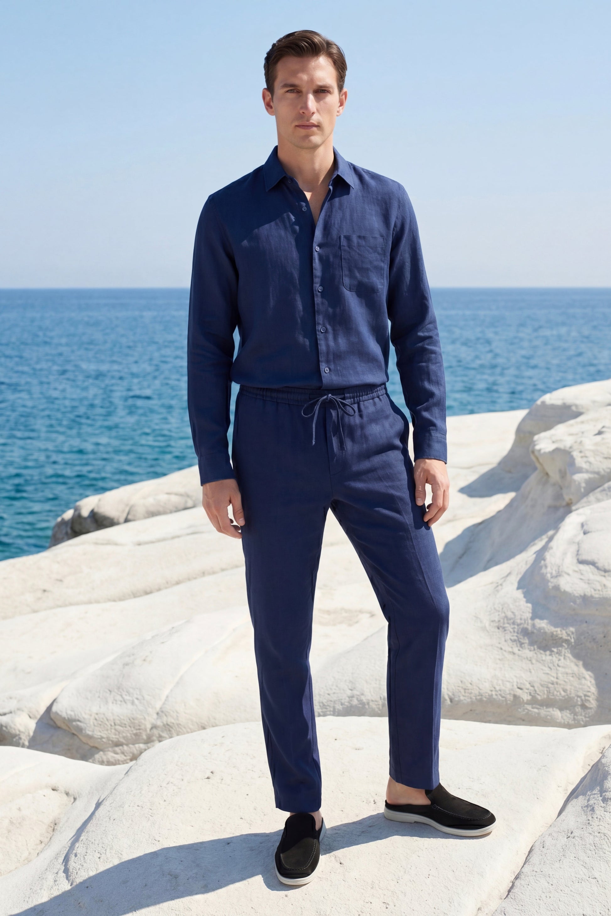 Bellagio de Luna Bellucci, conjunto de lino de manga larga para hombre en azul marino
