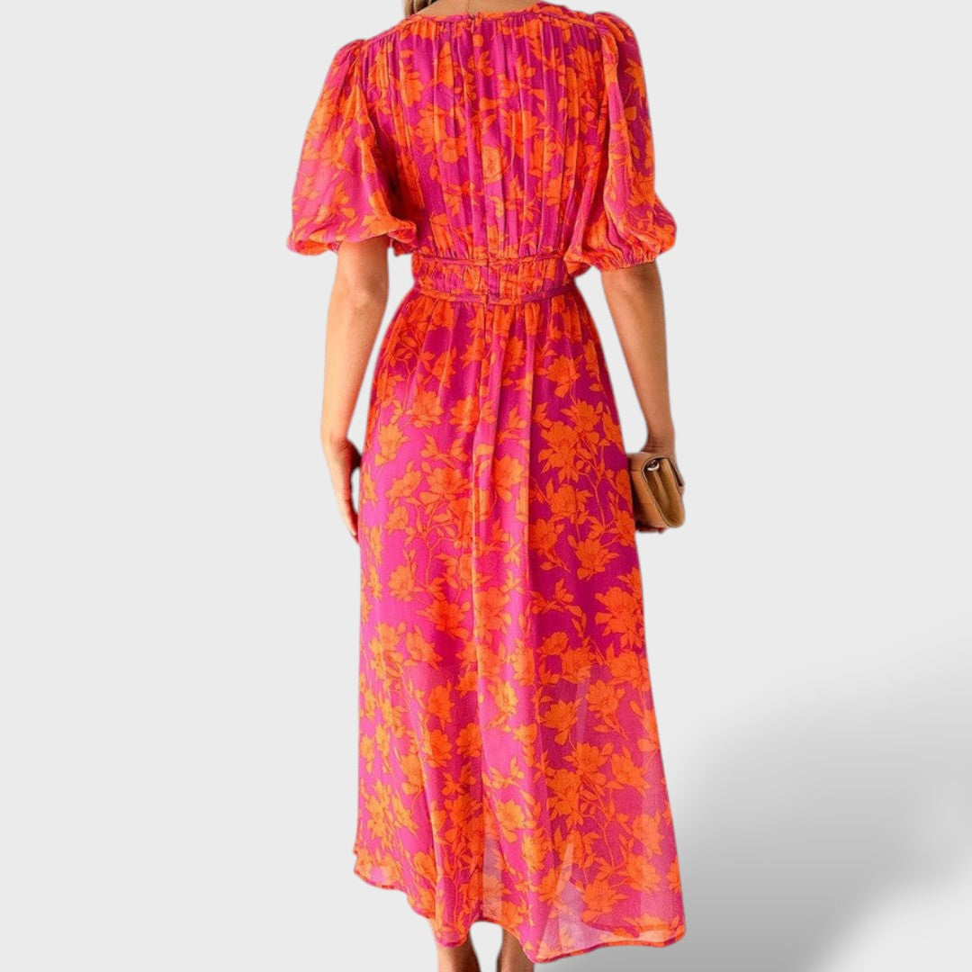Vestido midi floral con mangas abullonadas y escote en V