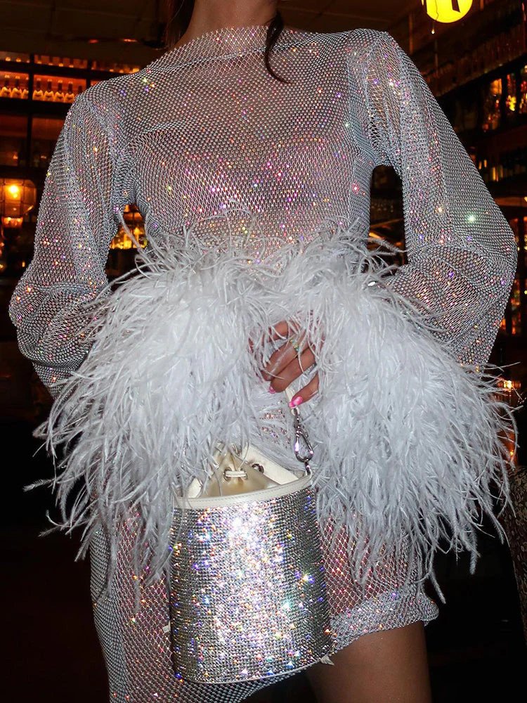 Ava - Metallic Feather Mini Dress