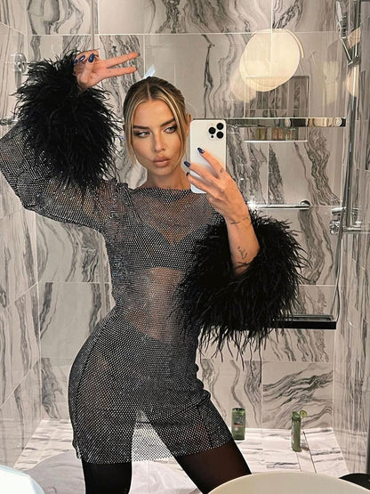 Ava - Metallic Feather Mini Dress