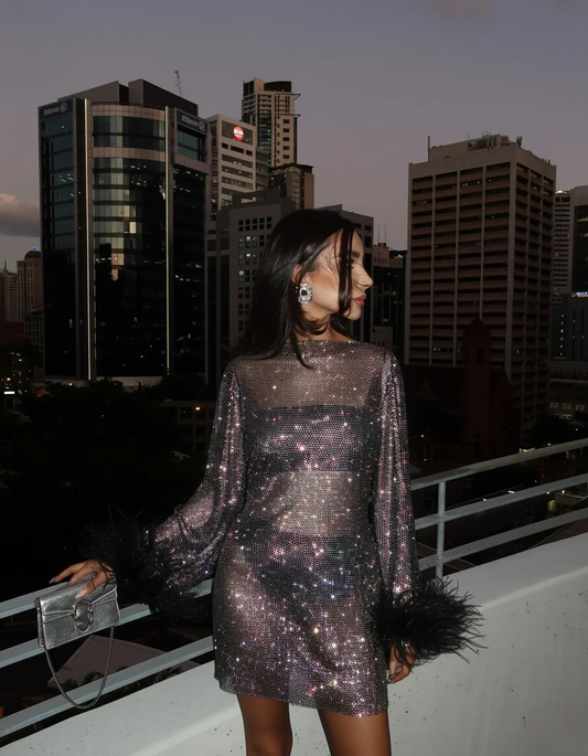 Ava - Metallic Feather Mini Dress