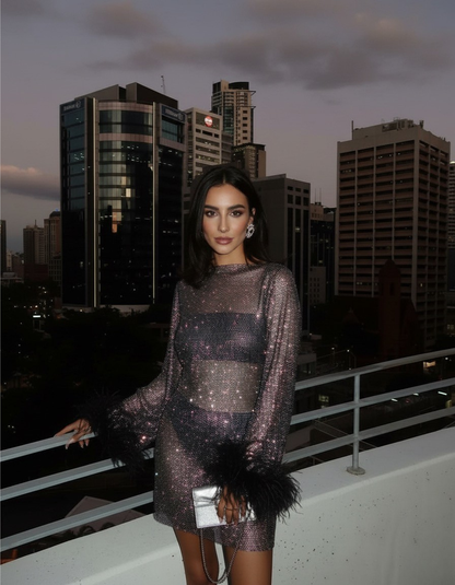 Ava - Metallic Feather Mini Dress