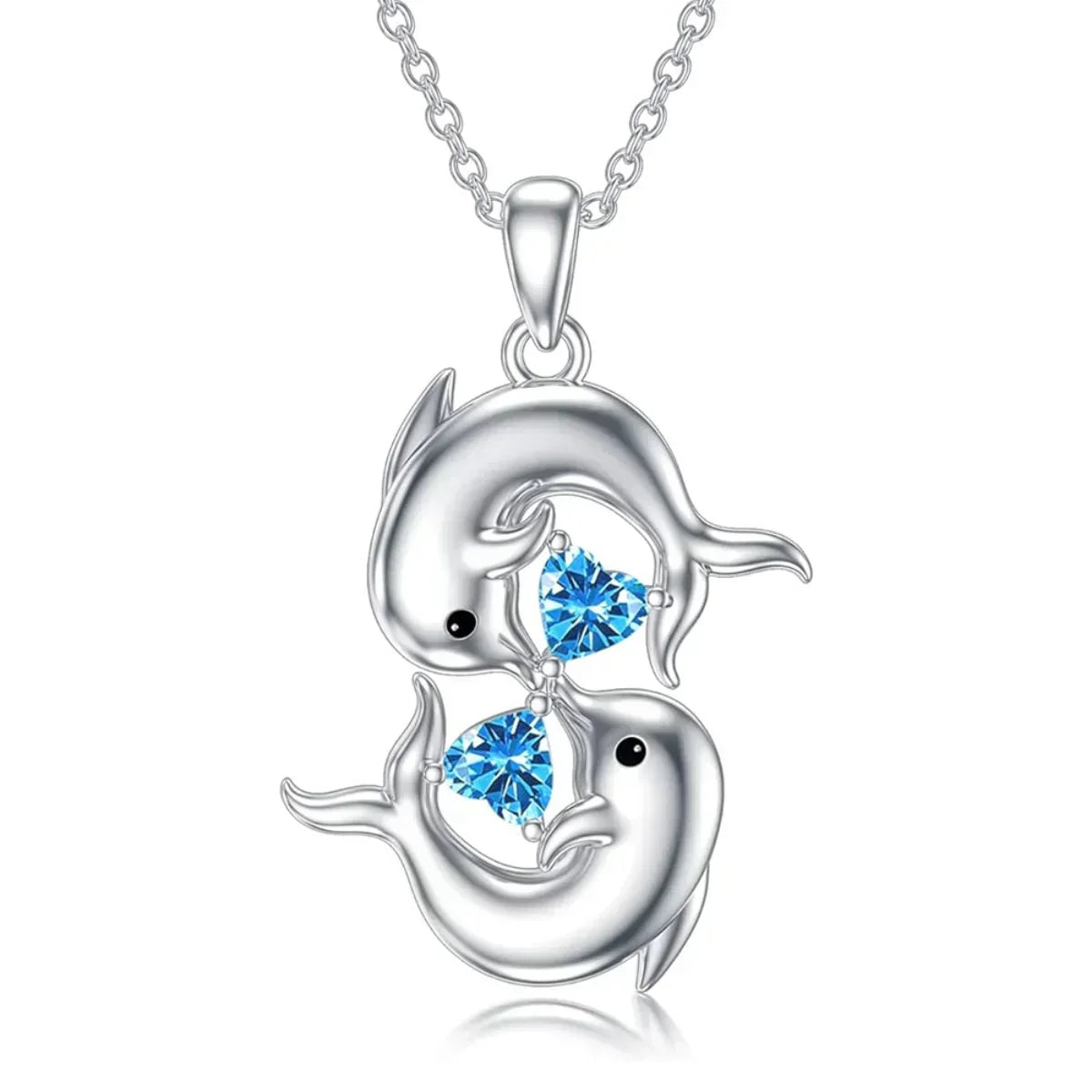Collar de plata con doble delfín y cristal azul