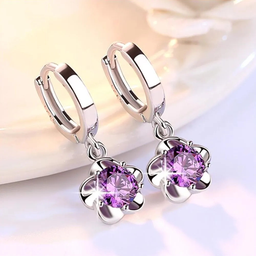 Pendientes de plata con circonita morada y blanca