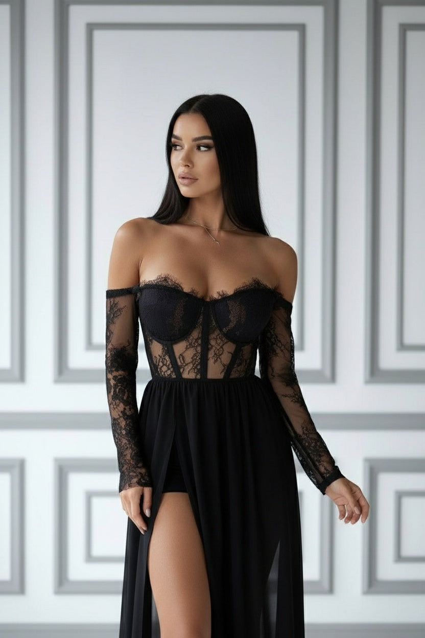 Chloe - Black Lace Corset Maxi Dress