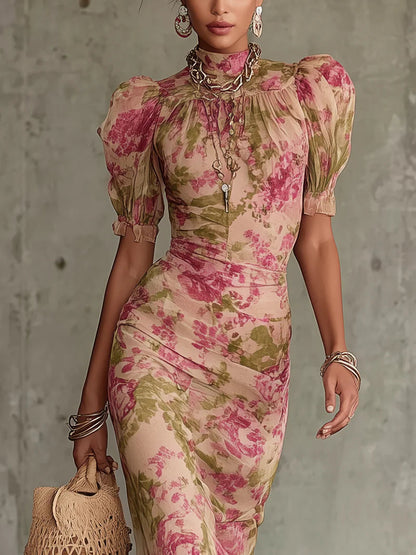 Fiora ™ Vestido largo con estampado vintage de rosas y mangas abullonadas