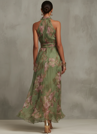 Serena ™ Vestido largo verde floral en chiffon con escote halter