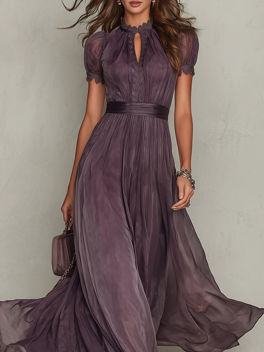 Flavia ™ Vestido largo violeta con escote de lágrima y borde de encaje de chiffon