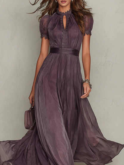 Flavia - Vestido largo violeta con escote de lágrima y borde de encaje de chiffon