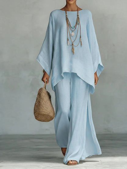 Beatrice - Conjunto de Top y Pantalones Fluidos de Mezcla de Lino Minimalista