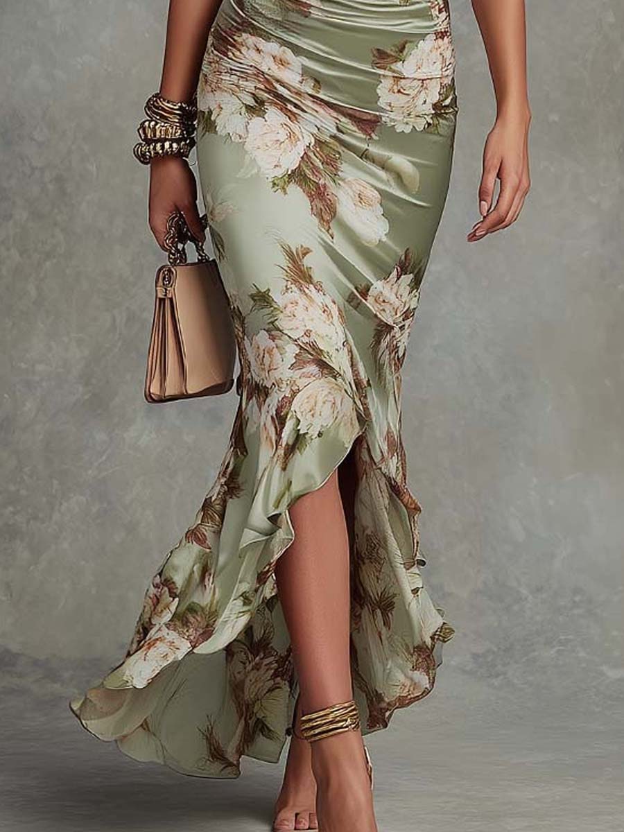 Anna - Vestido largo asimétrico de satén verde con escote en V, mangas acampanadas fruncidas y estampado floral