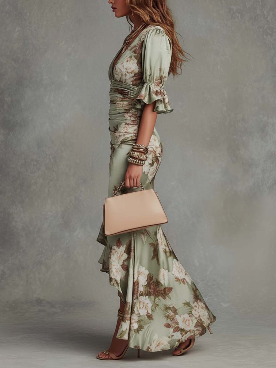 Anna - Vestido largo asimétrico de satén verde con escote en V, mangas acampanadas fruncidas y estampado floral