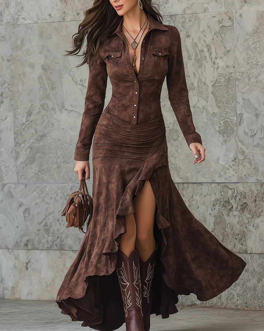 SERAFINA™ | VESTIDO LARGO CON SOLAPA Y VOLANTES
